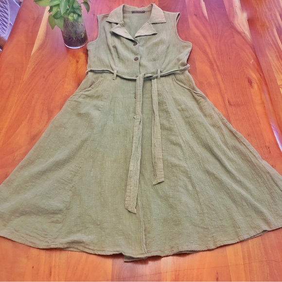 SUZY SHIER Mint Green Shirt Button Down Belted A Line Sleeveless Midi Dress. - Picture 5 of 9
